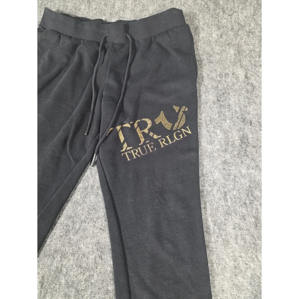 True Religion Mens Large Sweatpants Black Gold Graphic Fleece Joggers TRU RLGN